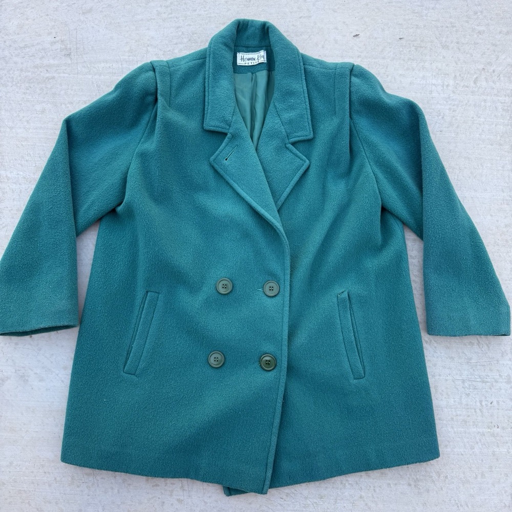Vintage Herman Kay Trench Coat Women Petite Size‎ 10 Teal Wool Double Breasted